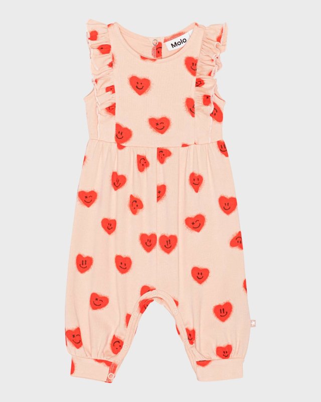 Girl's Fallon Heart-Print Jumpsuit, Size 3M-